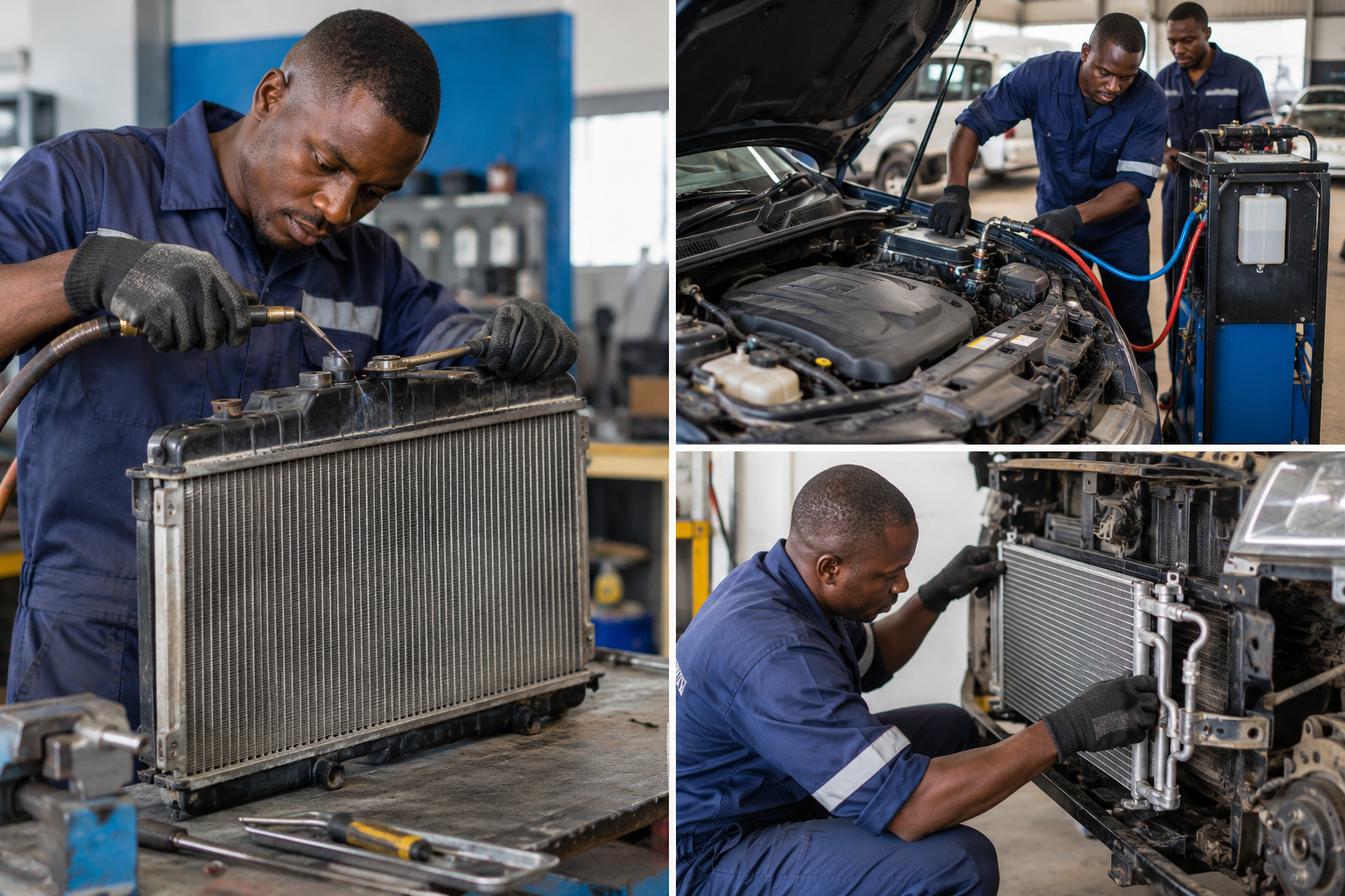 African technicians carrying out radiator and cooling system repairs